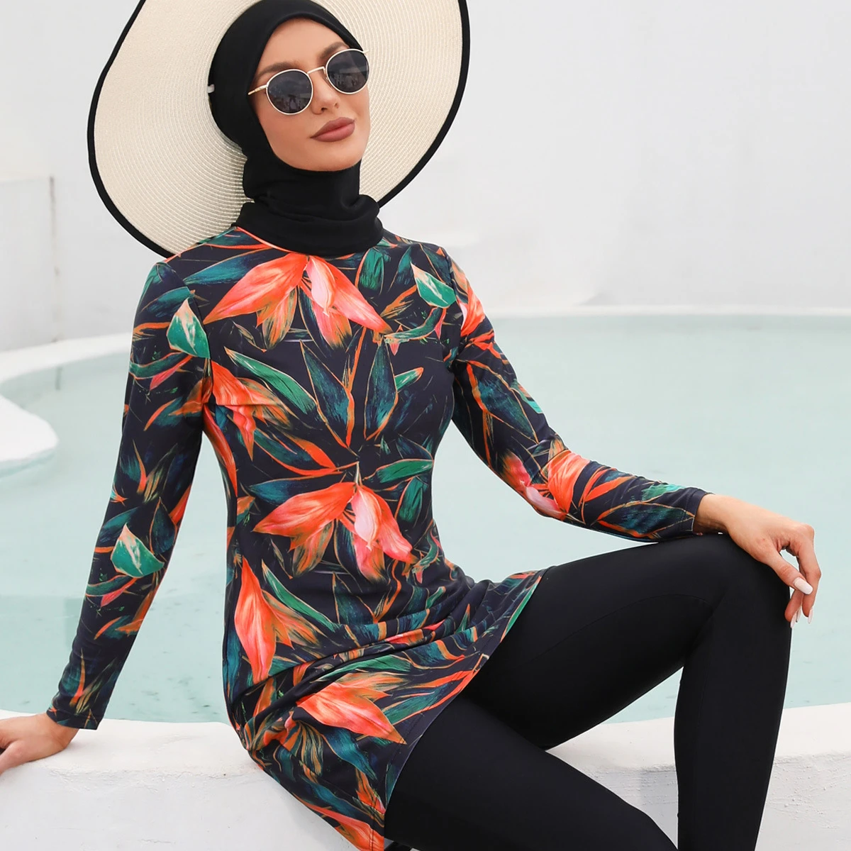 2022 plus size burkinis muslim swimwear women Full Coverage Floral Print 3pcs Hijab Islamic Swimsuit Sportswear Swimming suit
