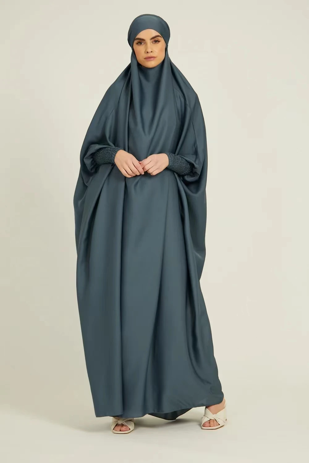 Muslim Women Jilbab One-piece Prayer Dress Hooded Abaya Smocking Sleeve Dubai Saudi Black Robe Islamic Clothing Turkish Modesty