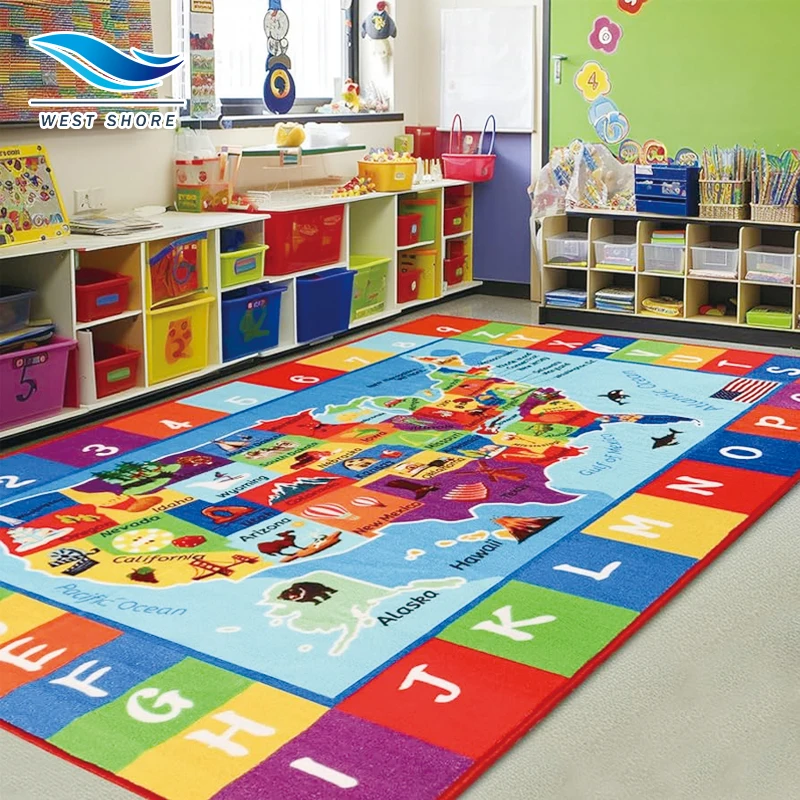 Kindergarten Large Oval Kids Rug Alphabet Colors Classroom Rug Non-Slip Play Mat Early Learning Area Rug for Preschool Playroom