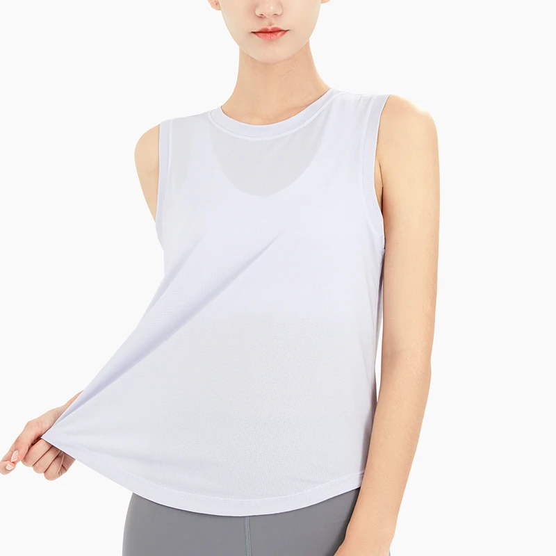 Wholesale Women Custom Logo Curved Hem Gym Wear Vest Ladies Training Tank Mesh Net Sleeveless Breathable Shirt Tops