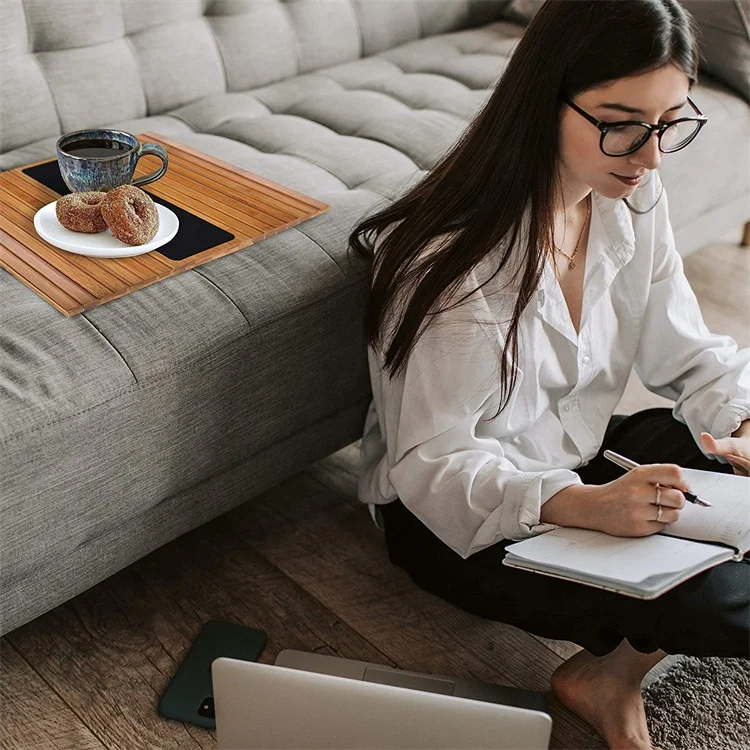 Natural Bamboo Flexible Sofa Arm Tray Table with Non-Slip Felt and Slat Links Armchair Armrest Tray for Eating Snack Dri