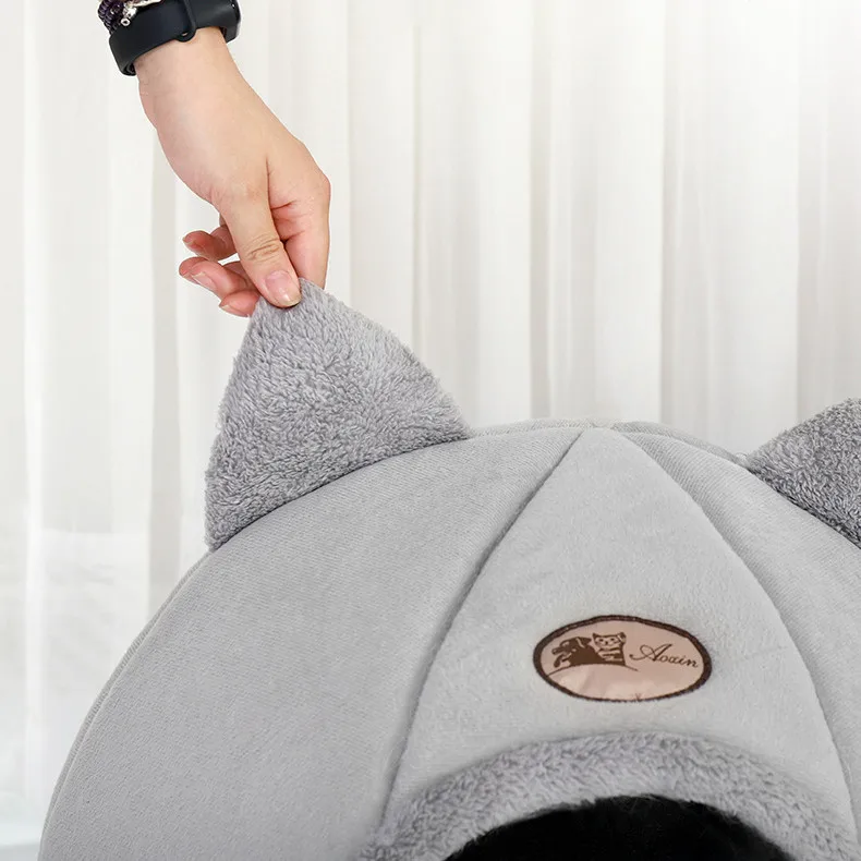 NPET Semi-Enclosed Cat Nest Bed House Folding Pet Dog Bed Tent Warm Soft Plush Kitten Bed Cave for Sleeping Winter