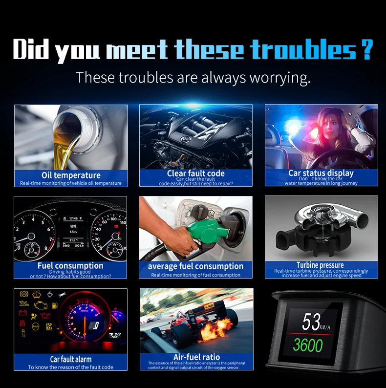 Universal OBD2 Scanner BrakeTest Tool with HUD Head-up Meter Gauge Multi-Function HUD-P10 Displays RPM Voltage Water Temperature