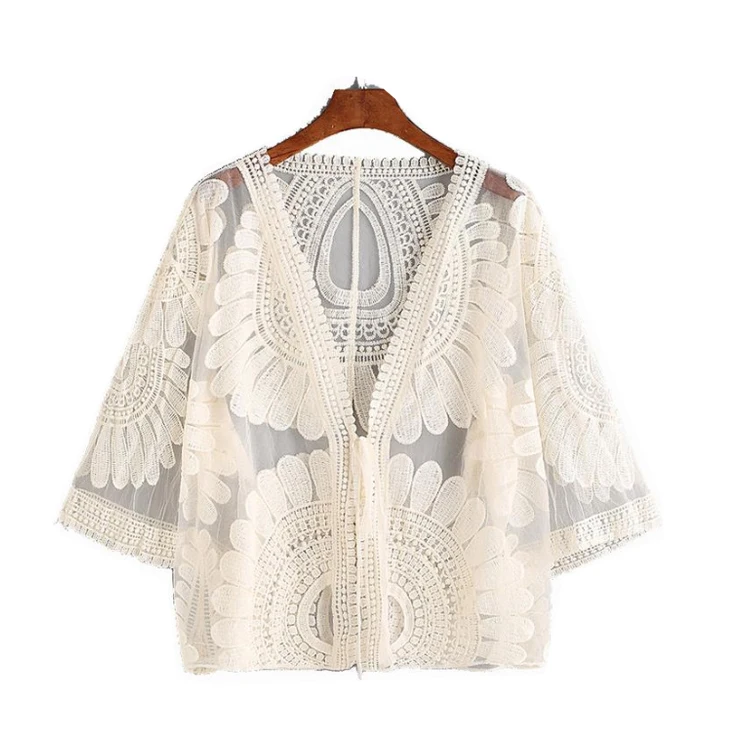 Casual Embroidered Knit Sweater Loose Boho Lace Kimono Cardigan Women