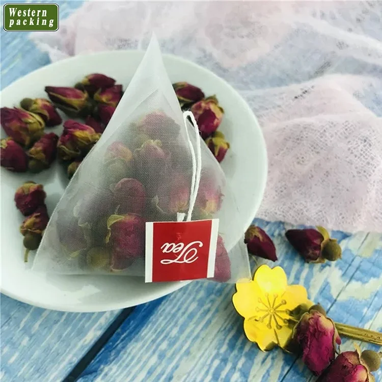 Custom small mesh roll drawstring pyramid nylon tea bag with tag