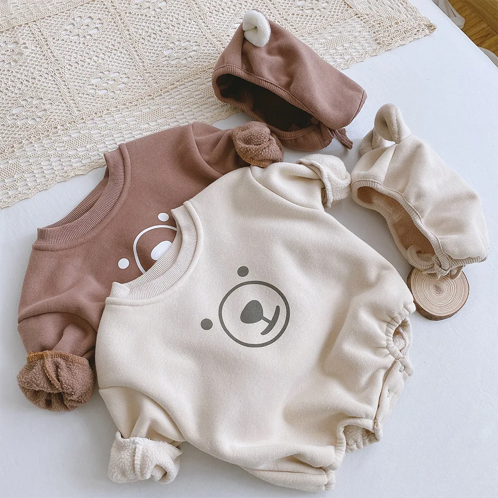 rts Baby Fleece Bear Clothes 2020 Late Autumn boys girls Baby Cartoon Triangle Romper with hat