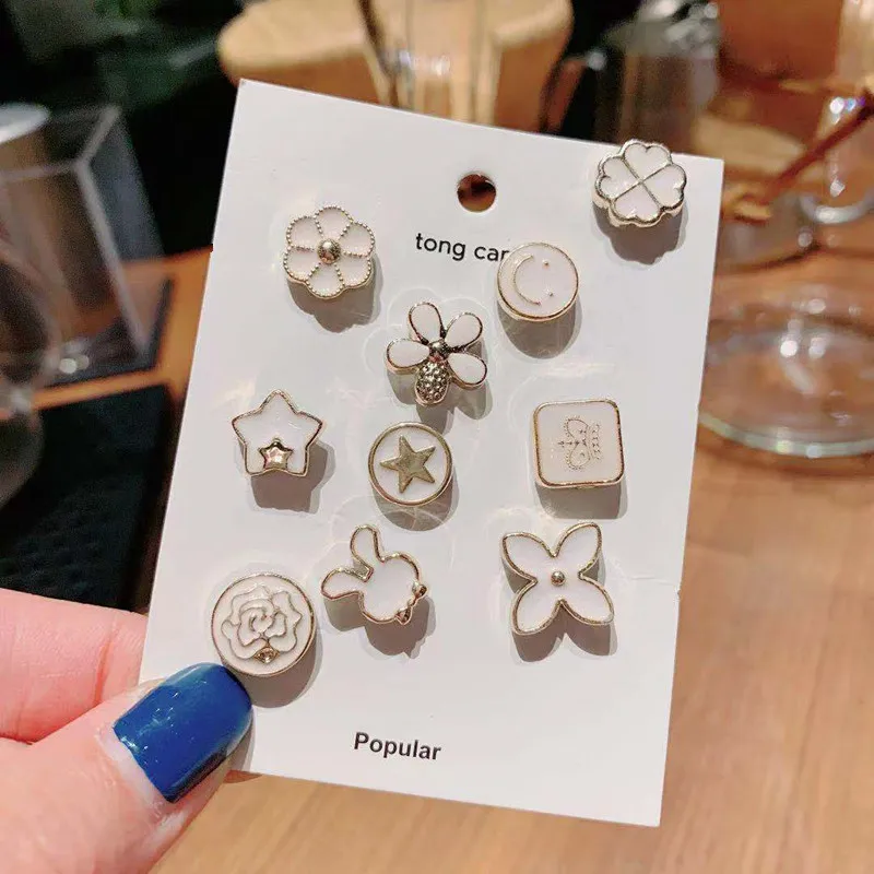 Small Elegant Suit Dress Pin Decoration Accessories 10 Pieces Set Alloy Metal Enamel Camellia Flower Brooch Safety Pin