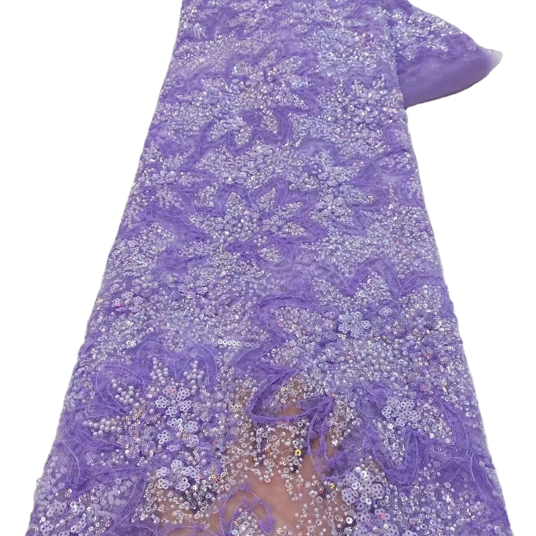 Lilac 3D Embroidery Tulle Lace Fabric Mesh With Sequins Hand Beaded Lace Fabric Luxury For Wedding Bridal Dress