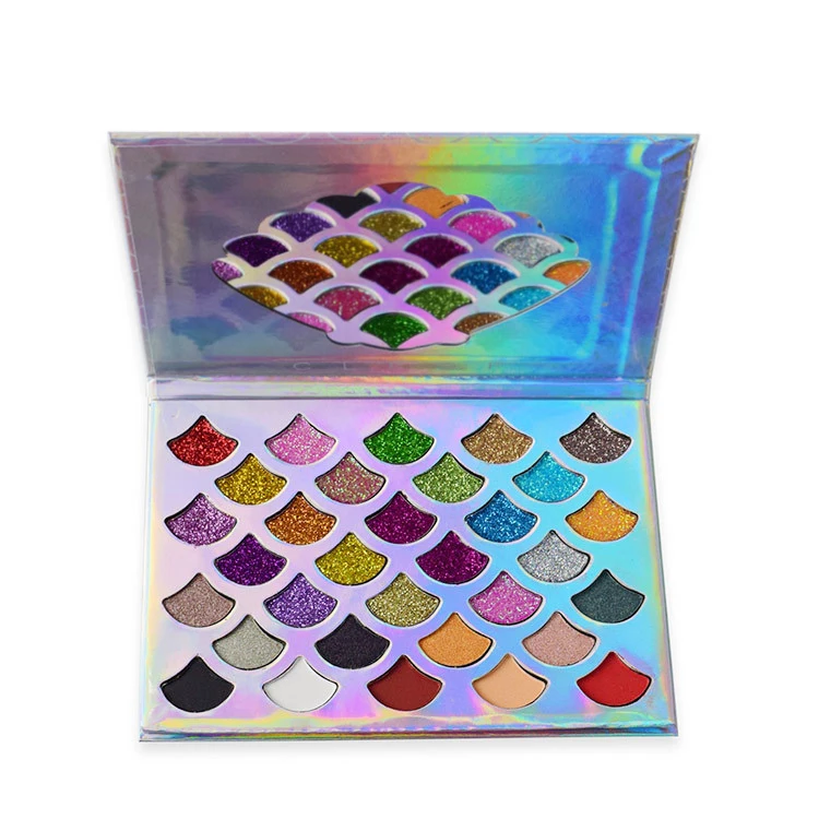 
32 Colors Fish Scale Shape Mermaid Eyeshadow Palette Waterproof OEM Glitter Eyeshadow Private Label Cosmetics 