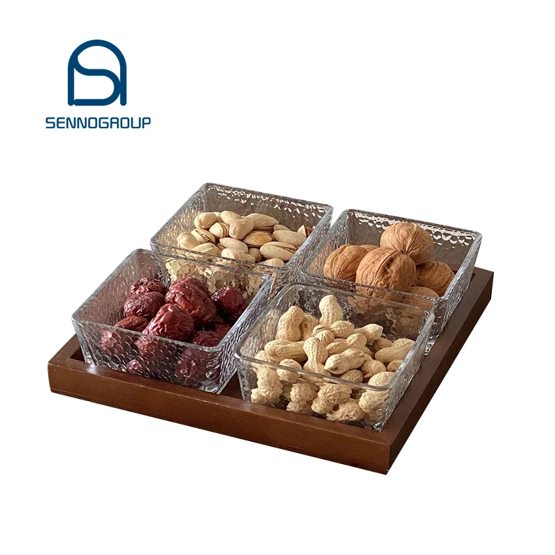 Hot Selling Square Food Storage Glass Bowl Fruit Snack Tray For Hotel Wooden Serving Tray Dish