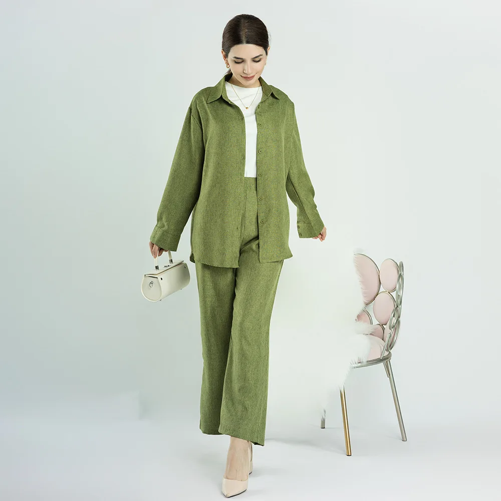 Fashion Ramadan Design Islamic Clothing Linen Fabric Turkey Abaya Set Top shirt and Pant 2PCS Set Ladies Abaya