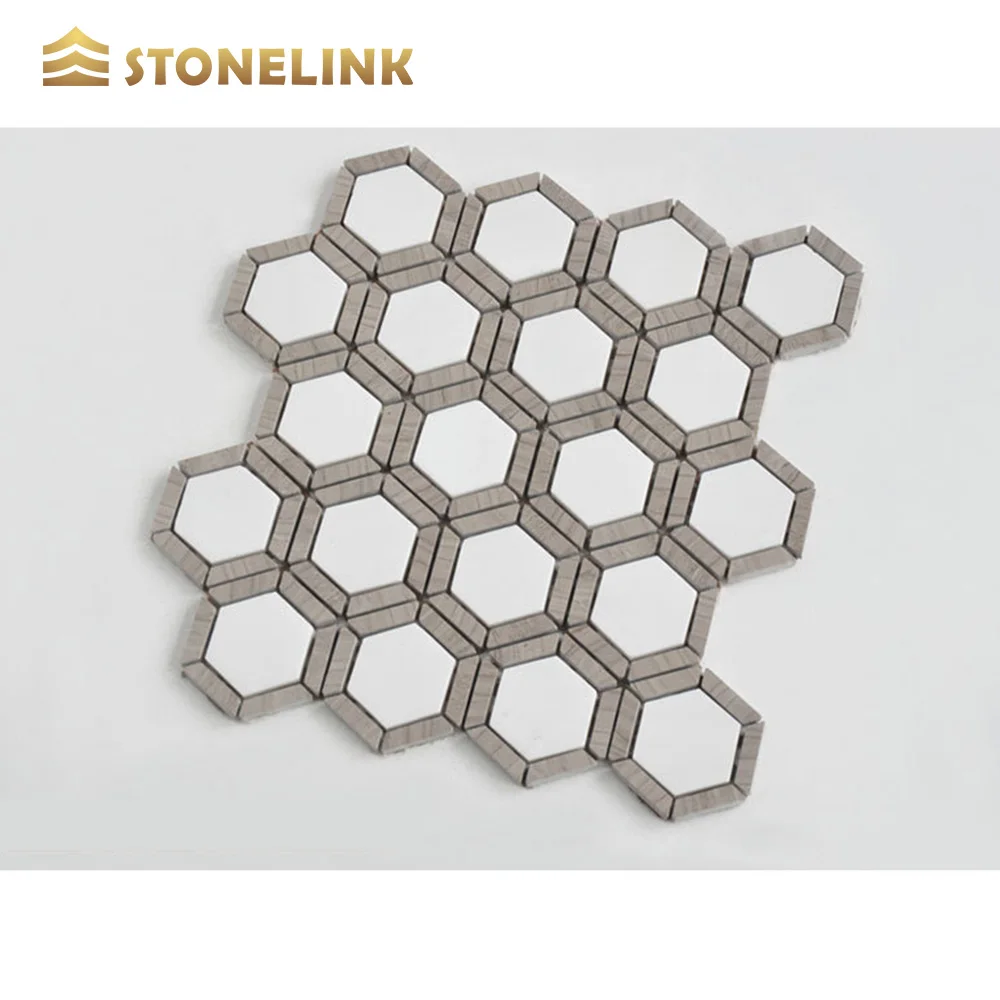 White Stone Waterjet  Cararra And Wooden Marble Hexagon Pattern Tiles Mosaic For Floor Tiles