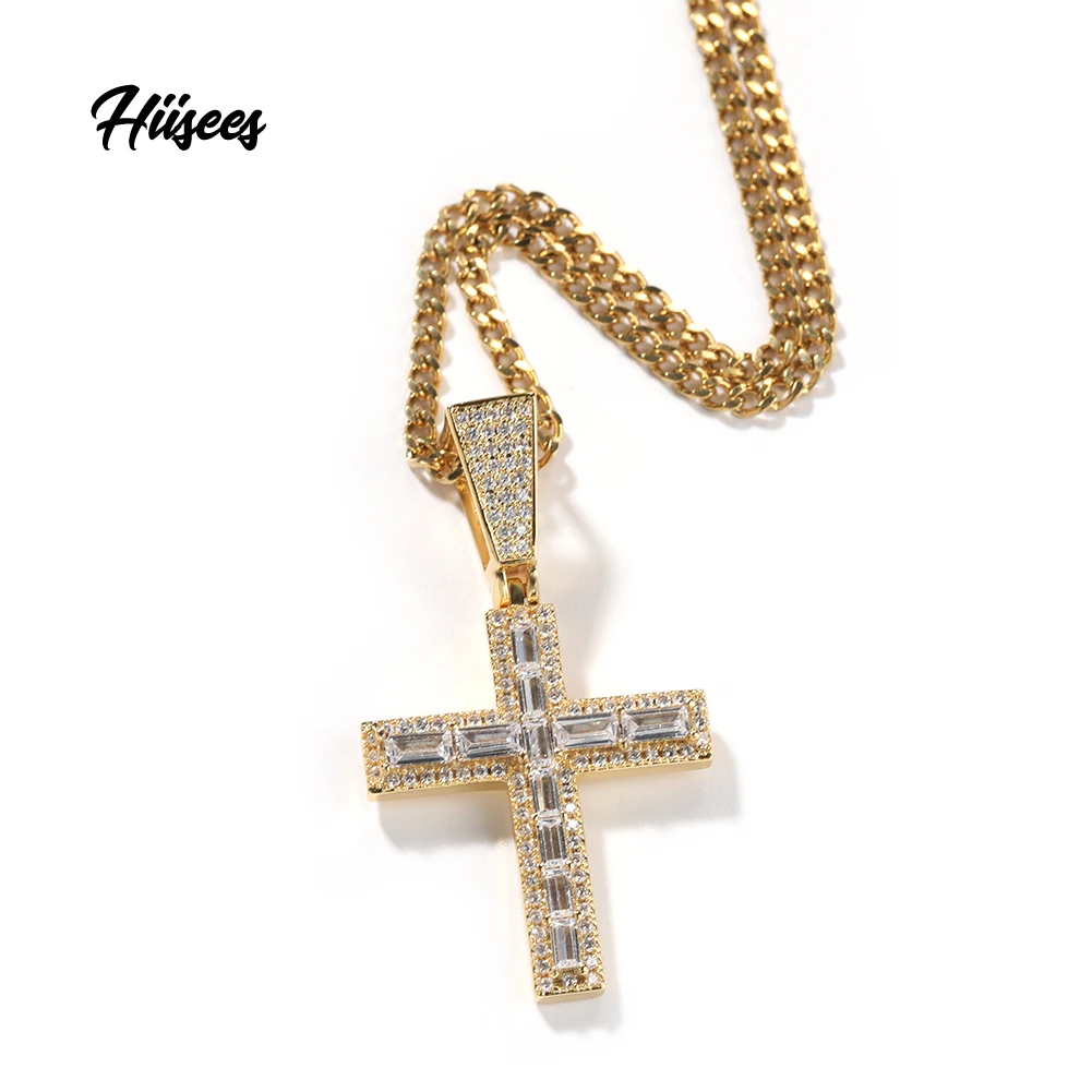 New product 2023 unique large clear quartz cubic zirconia cross pendant jewellery square diamond corss necklace