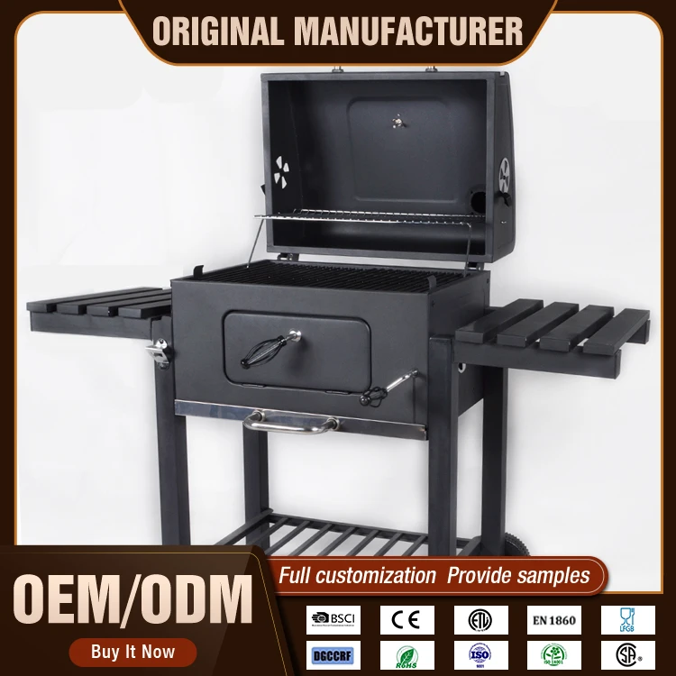 Garden Square Trolley Cast Iron Barbeque Grill Smoker Charcoal Barbecue BBQ Grill With Chimney