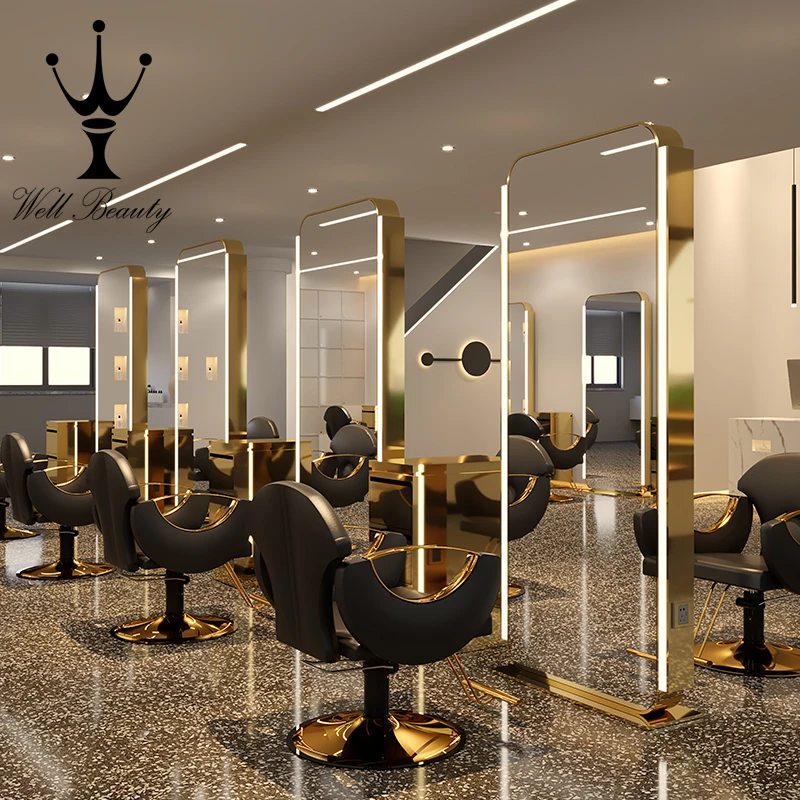 
LED Luxury Light floor LED Cabinet Hair Beauty Salon furniture Barber Mirror Station  (1600235953634)