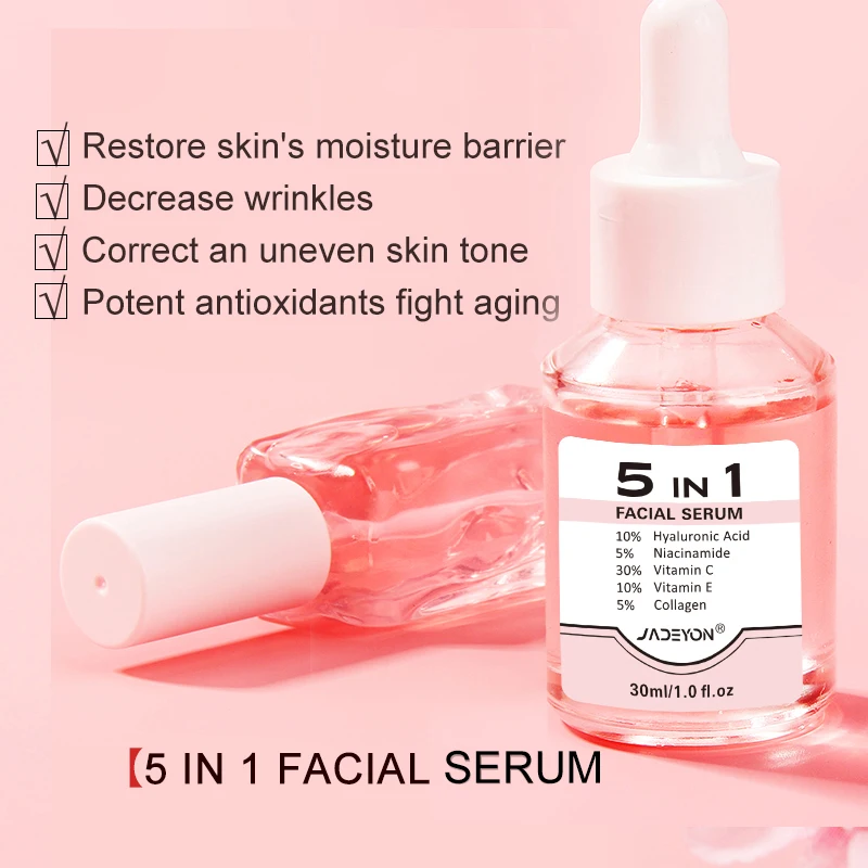 Hot New 5-in-1 Hyaluronic Acid Serum Anti-Aging Hydrating Face Skin Care with Niacinamide Vitamin E Facial Whitening Vitamin C