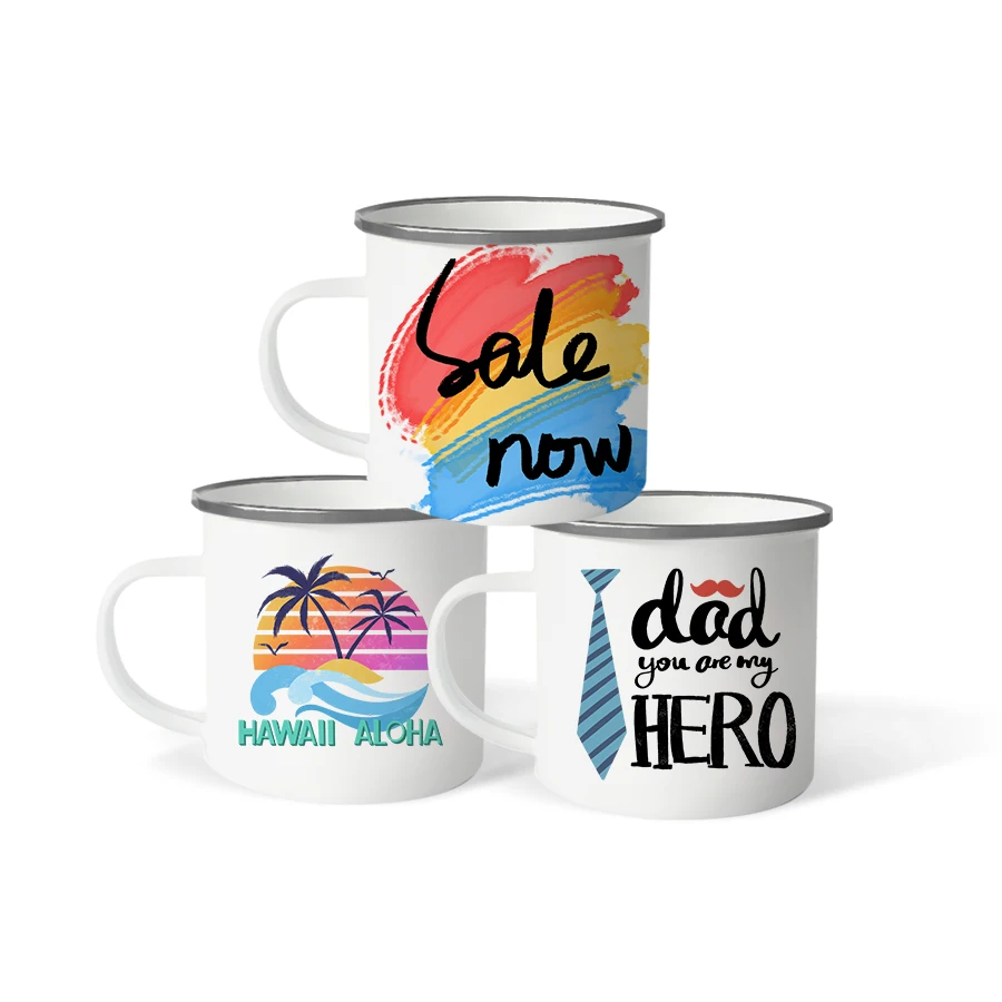 Topjlh Factory Price 12oz Sublimation Blank Enamel Mug With Stainless Steel Rim Coffee Tea White Enamel Cup