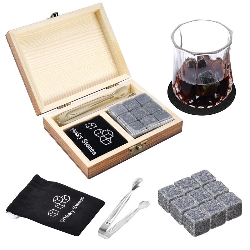 Engraved steel cubes whiskey cooling black granite gift ice stones set