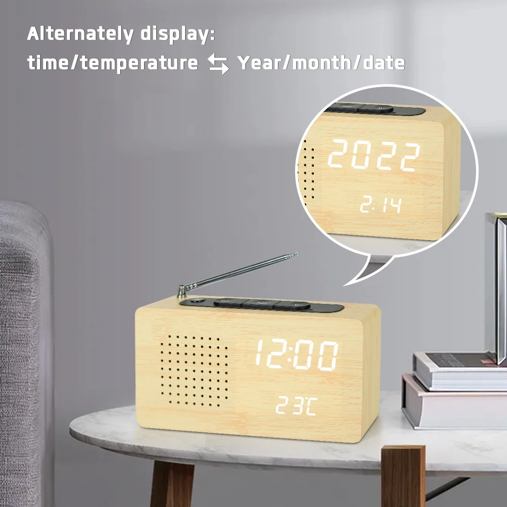 Evertop ET525 Classic Model Wood FM Radio 3 Alarms Temperature Multifunction Digital Table LED clock