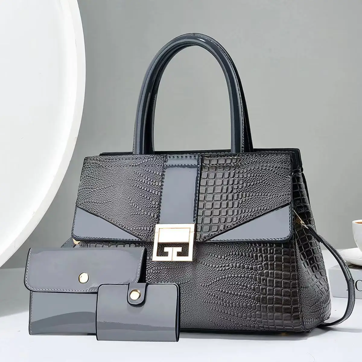 2Pieces Set/Hot Selling Classic Luxury Woman Handbags Shiny Lather Fashion Bags with Wallet European Style Large Purse