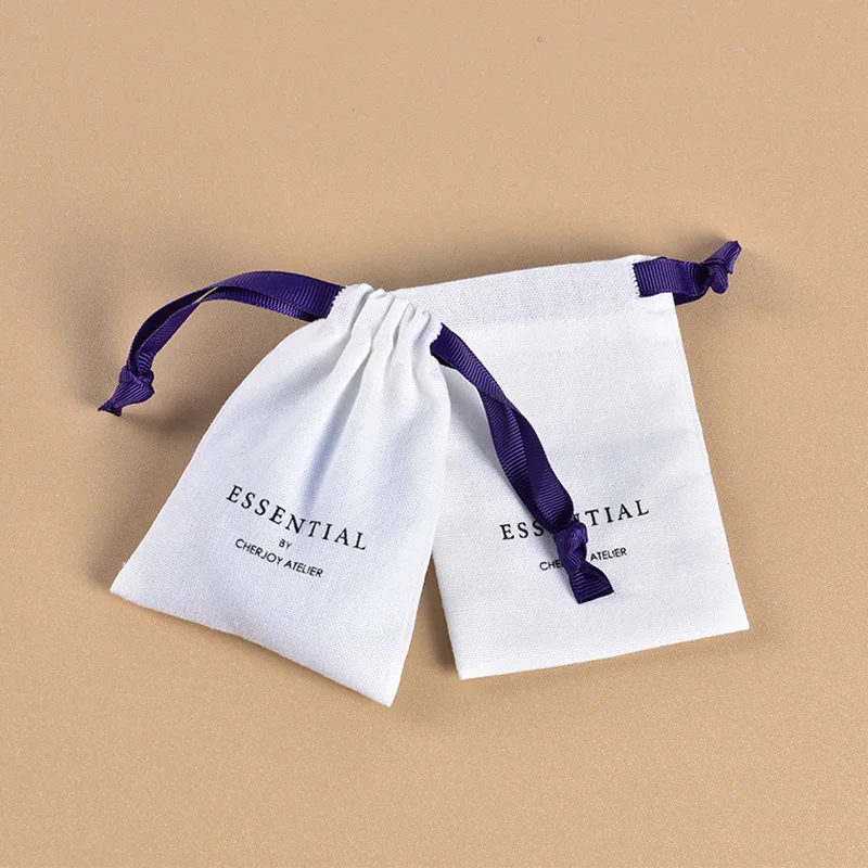 Custom Logo Printed Canvas Linen Jewelry Pouch Eco Friendly Gift Drawstring Pouch Organic Small Cotton Linen Drawstring Bag