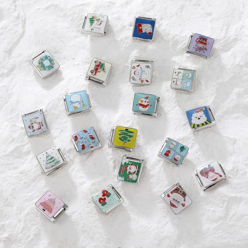 Personalized DIY Stainless Steel Italian Link Charms Flat Enamel Christmas Tree Santa Claus Italian Bracelet Christmas