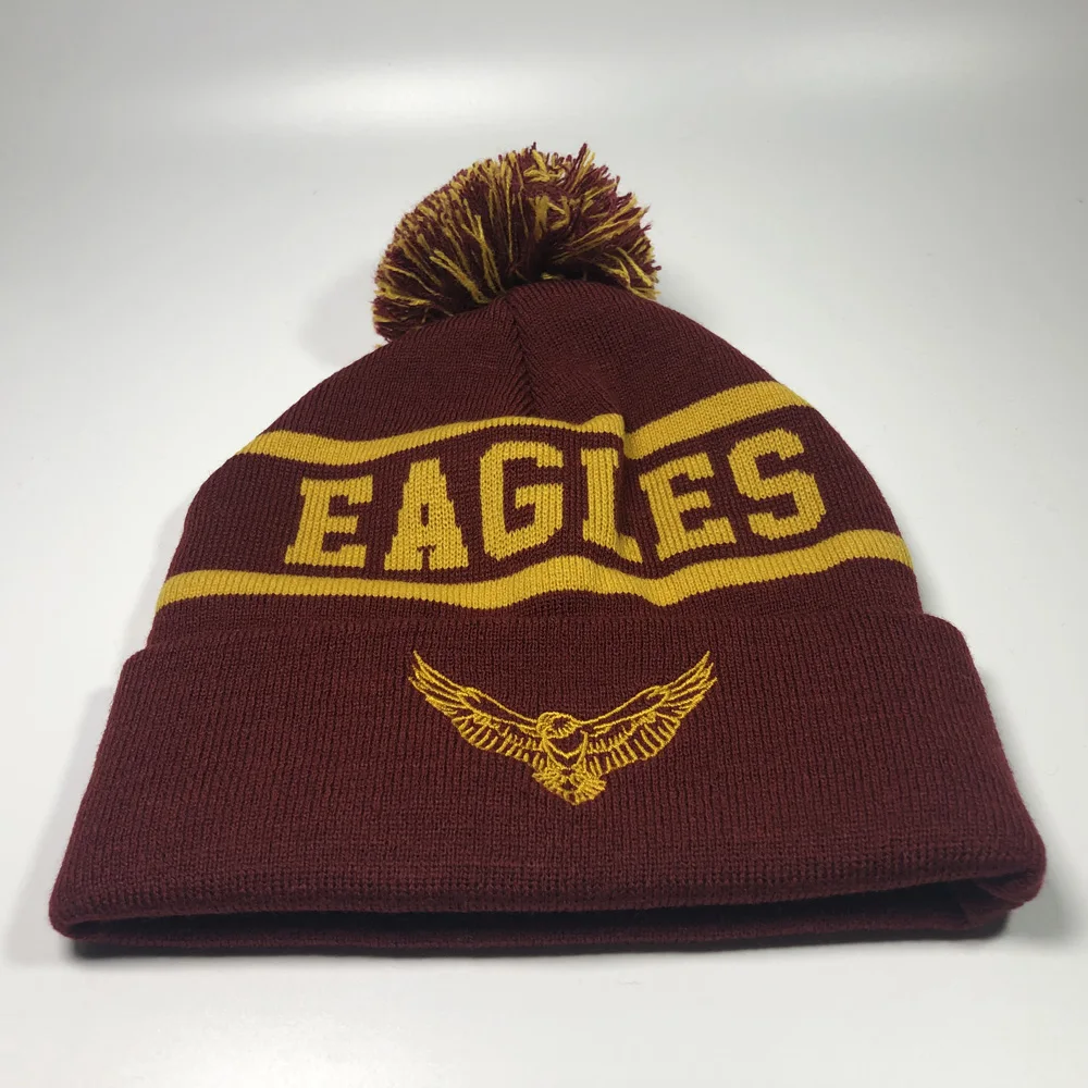 OEM Unisex maroon stylish winter knit caps Fashion artwork jacquard pompom eagle hat embroidered Custom winter hat bobble