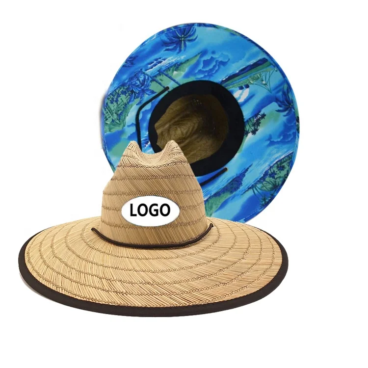 Custom sombrero summer wide brim hand made natural straw lifeguard hat with printed under brim Fabric beach hats