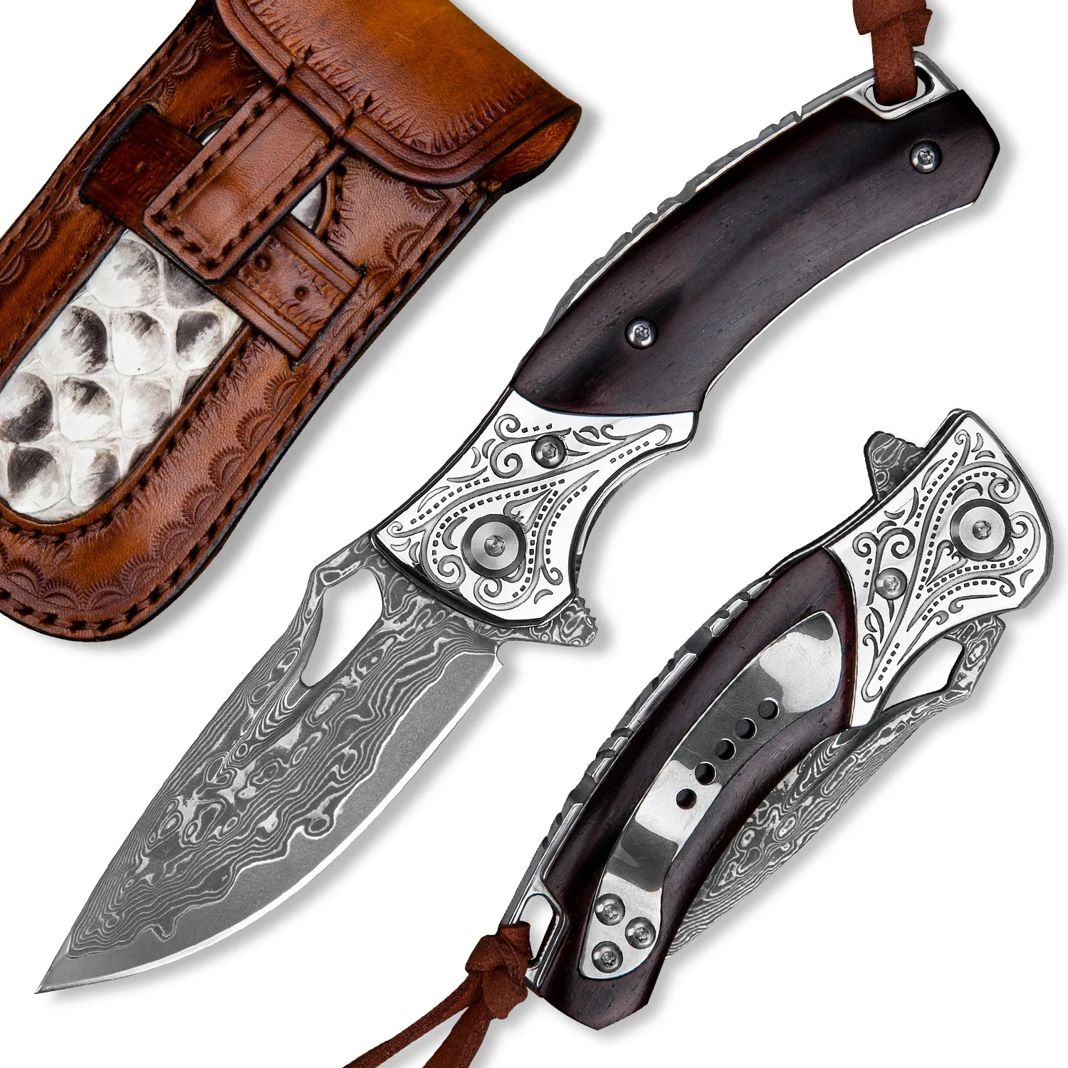 Handmade Outdoor Survival Hunting Leather Sheath EDC Knives Rosewood Damascus Steel Folding Pocket Knife with Clip