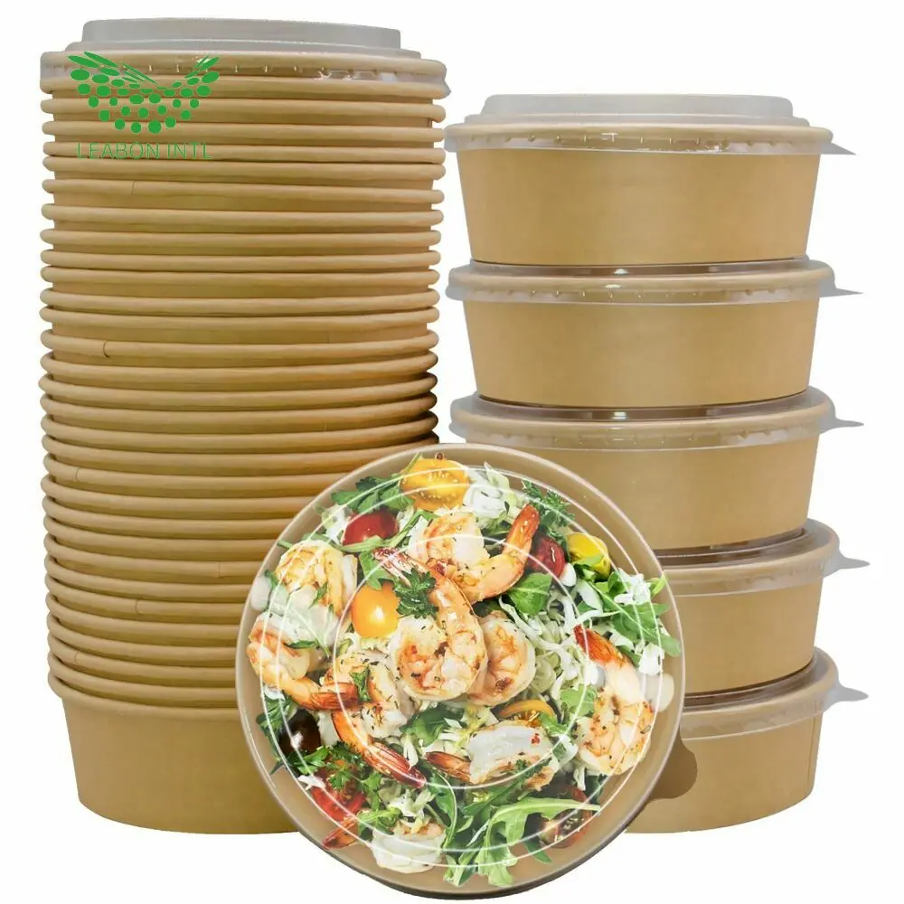 Biodegradable Disposable Custom Printing Food Packing Box Container Paper Salad Bowls Kraft Paper Bowl With Lid