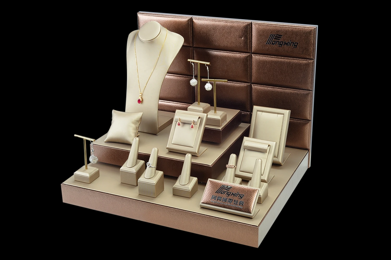 Tongxing Custom Ring Jewelry Packaging Display Stand Set Tray Earring Necklace Bust Prop Wood Luxury Jewelry Display Stand