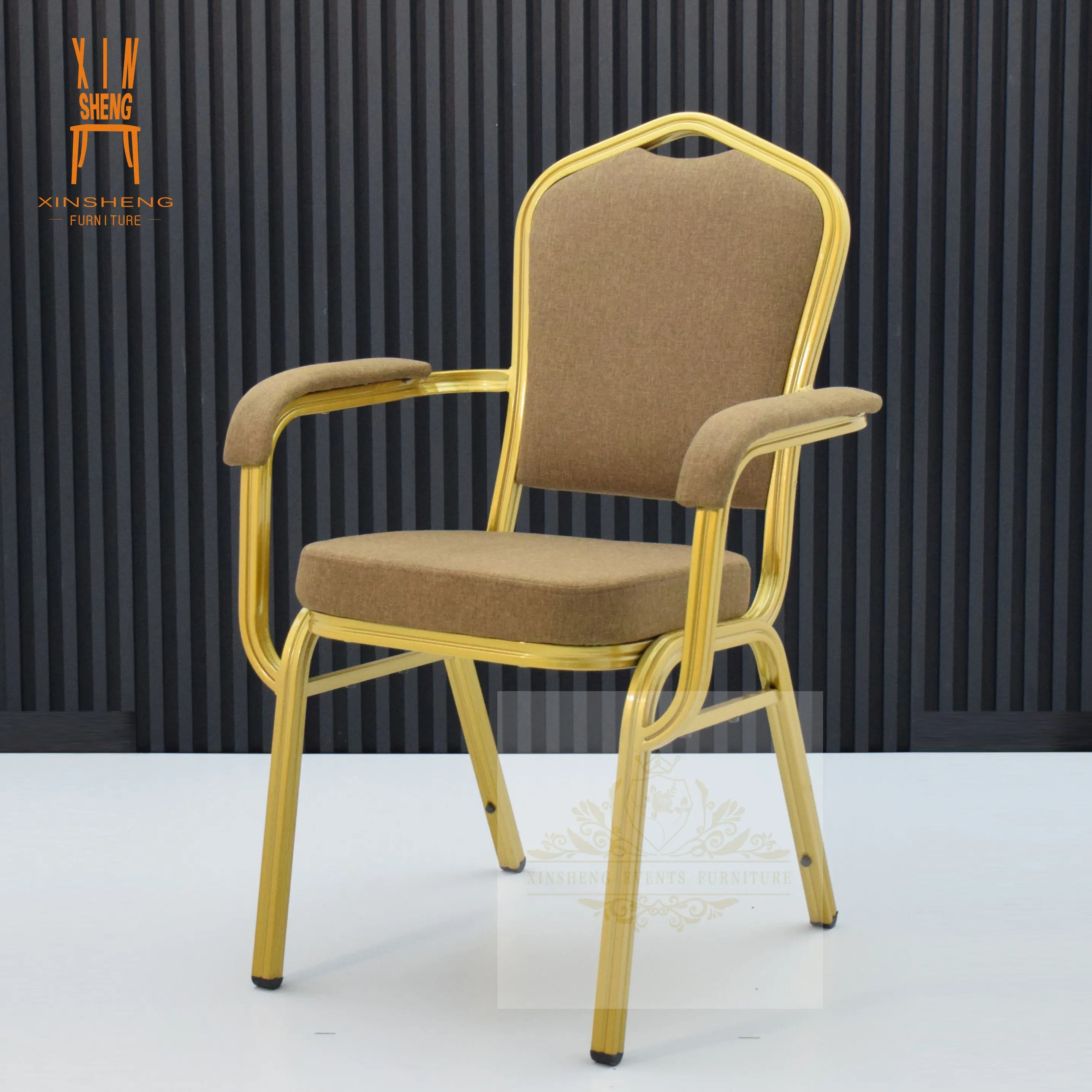 High quality wholesale gold metal frame with arm party chair for hotel banquet wedding dining chair