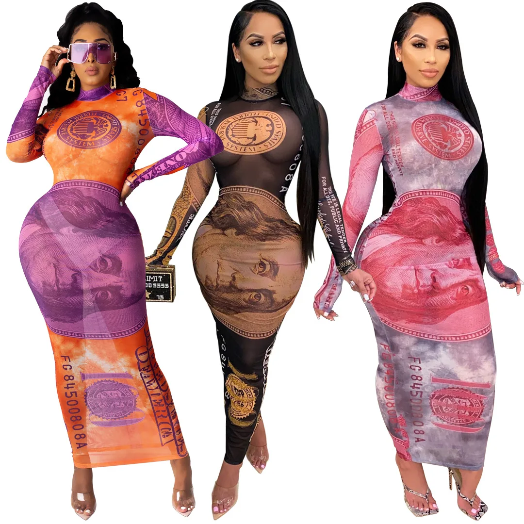2020 New trending fall dresses brown mesh sexy see through dollar money print  casual dresses for women