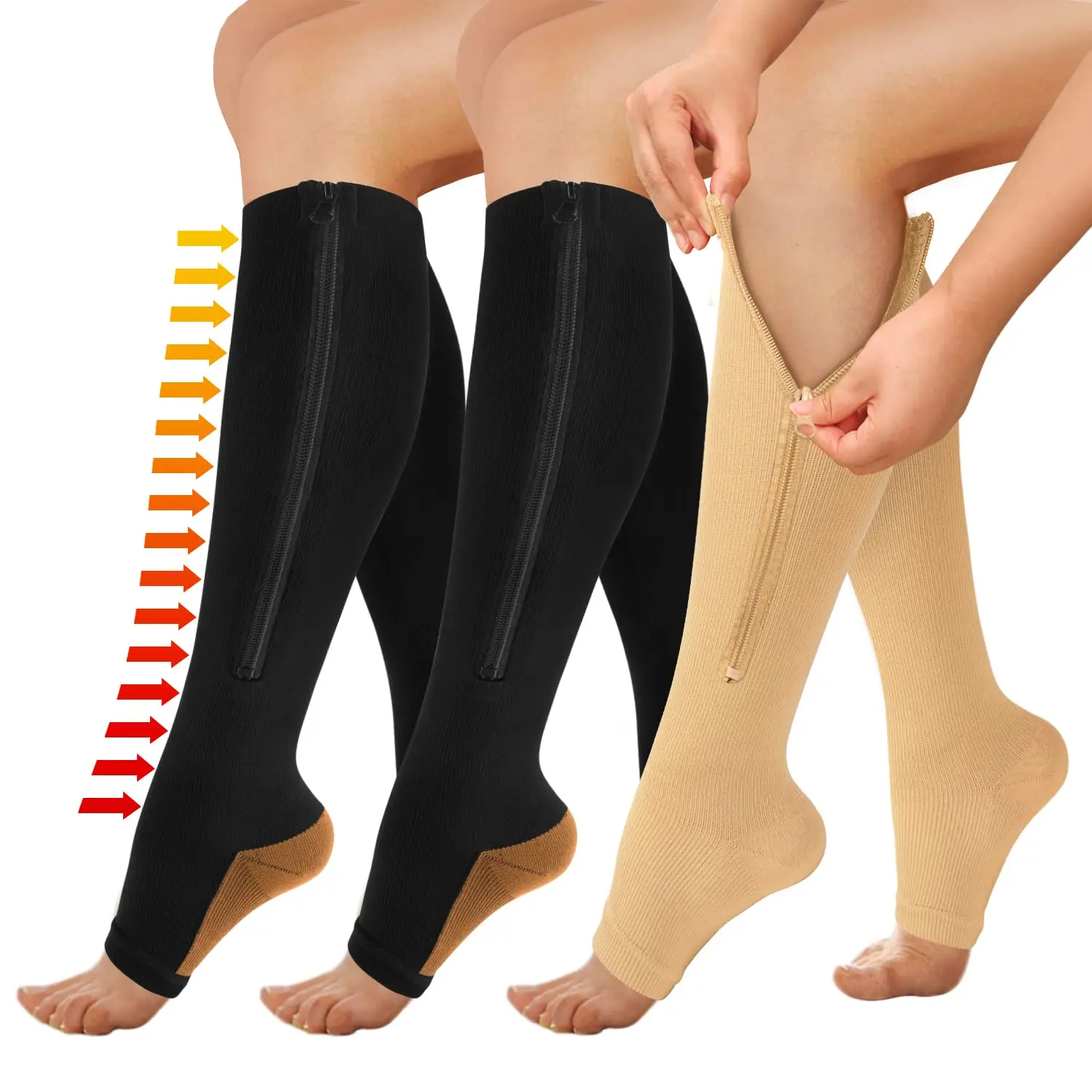 Wholesale 15-20 mmHg medical stocking copper infused zipper Open toe compression socks