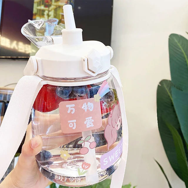 1100ml 32 oz motivational plastic large capacity cute school kids water bottle with straw strap for children bpa free