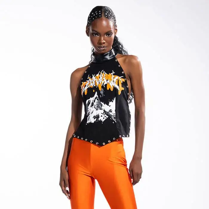 Hot sale sleeveless vegan leather mock neck open back screen printed sexy women tank top with back button