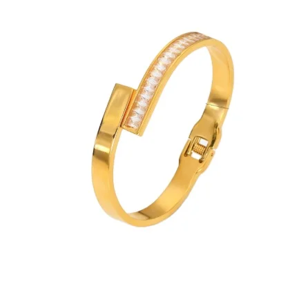 S1644 Zircon Inlaid Open Bracelet Gold Cuff Bangle 18K Gold Plated Stainless Steel Bangle For Women Trendy