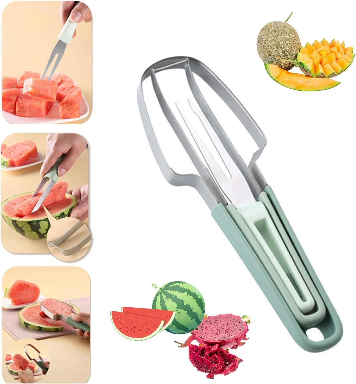 2024 Stainless Steel 3-in-1 Watermelon Windmill Cutter Summer Home Vegetables Hand Knife PP Fork Slicer Food Metal PC Material