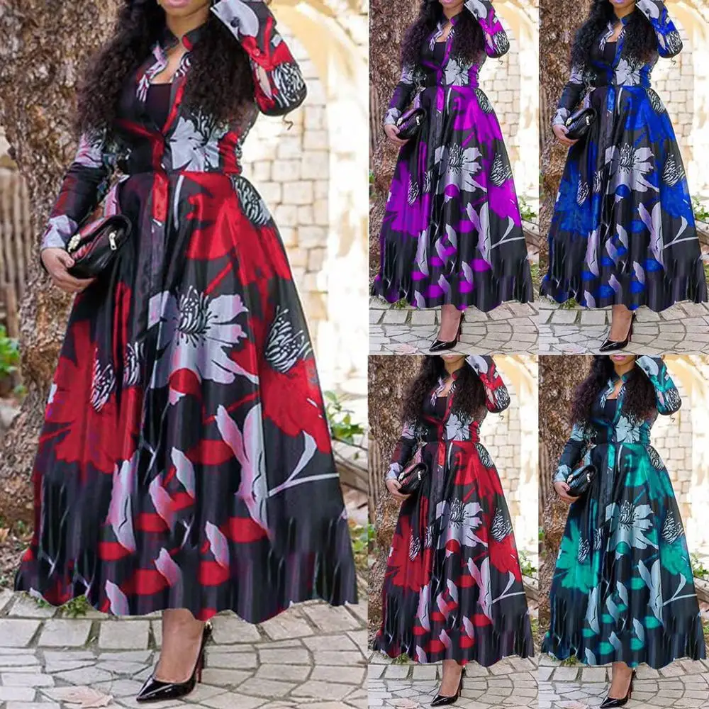 GOTS Verified Summer Plus Size Dress  Women Pleated Maxi Dresses Evening Party Long Floral Printing Dress