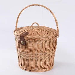 Large Round Folding Wicker Picnic Basket With Handle And Lid