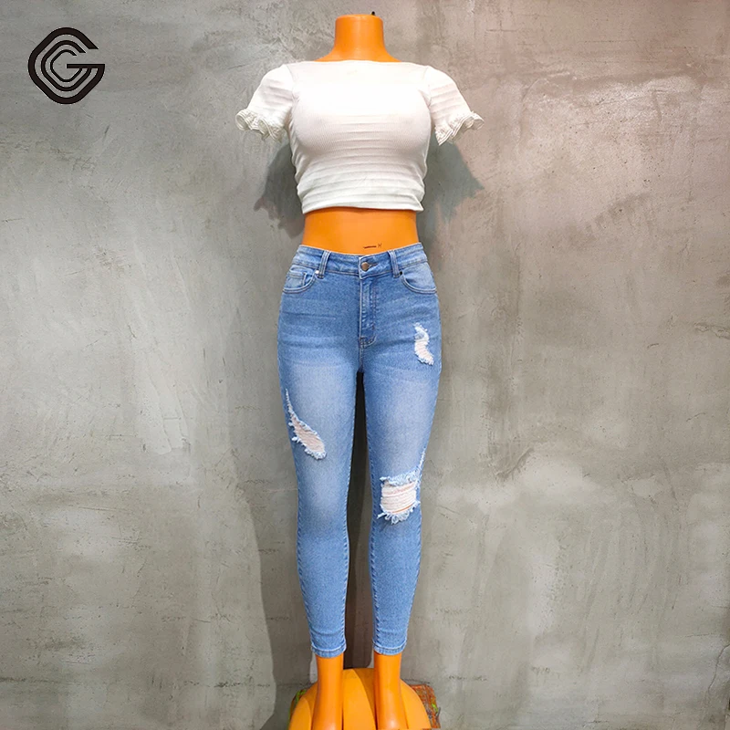 Оптовая продажа светло-голубые облегающие джинсы до щиколотки с высокой посадкой для