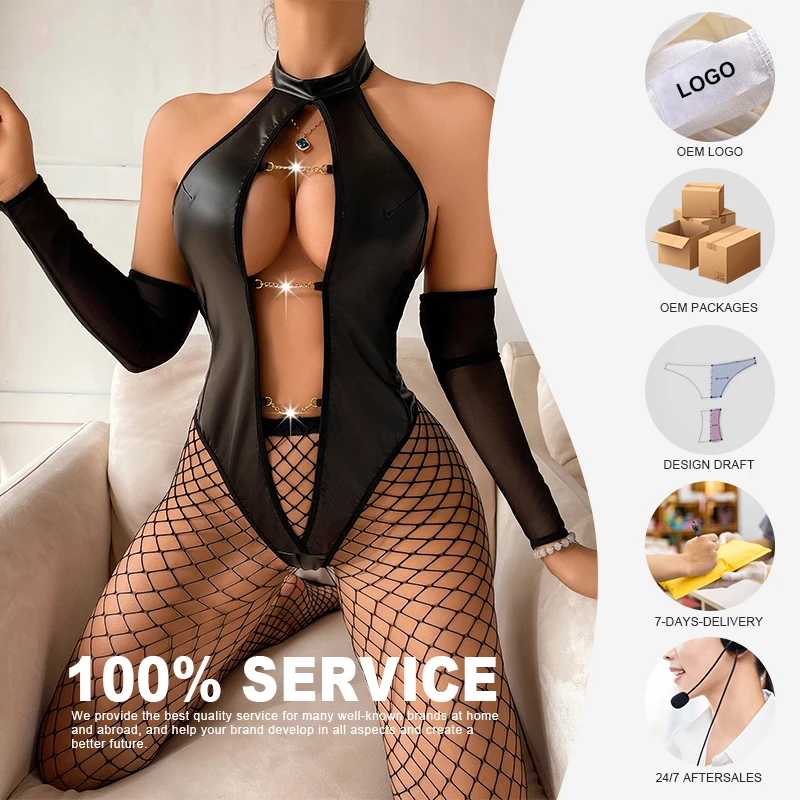 New Chain Teddy Lingerie 3 Piece Sexy Lingeries Underwear Leather Lingerie Bodysuit With Stockings and Sleeves