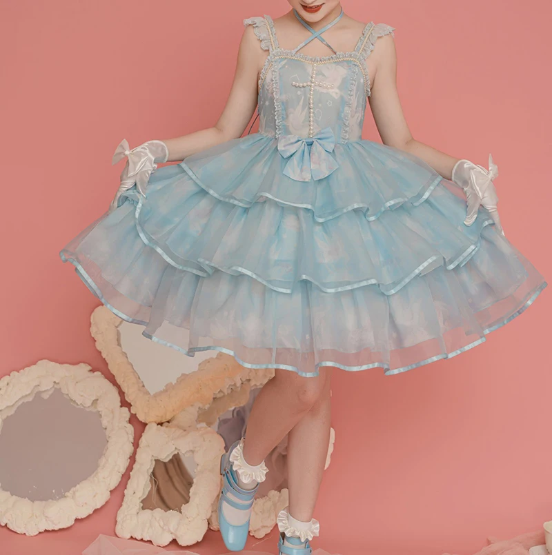 Summer soulier vintage casual JSK Women Skirt Costumes cake organza blue rhinestones girl lolita dress uniforms