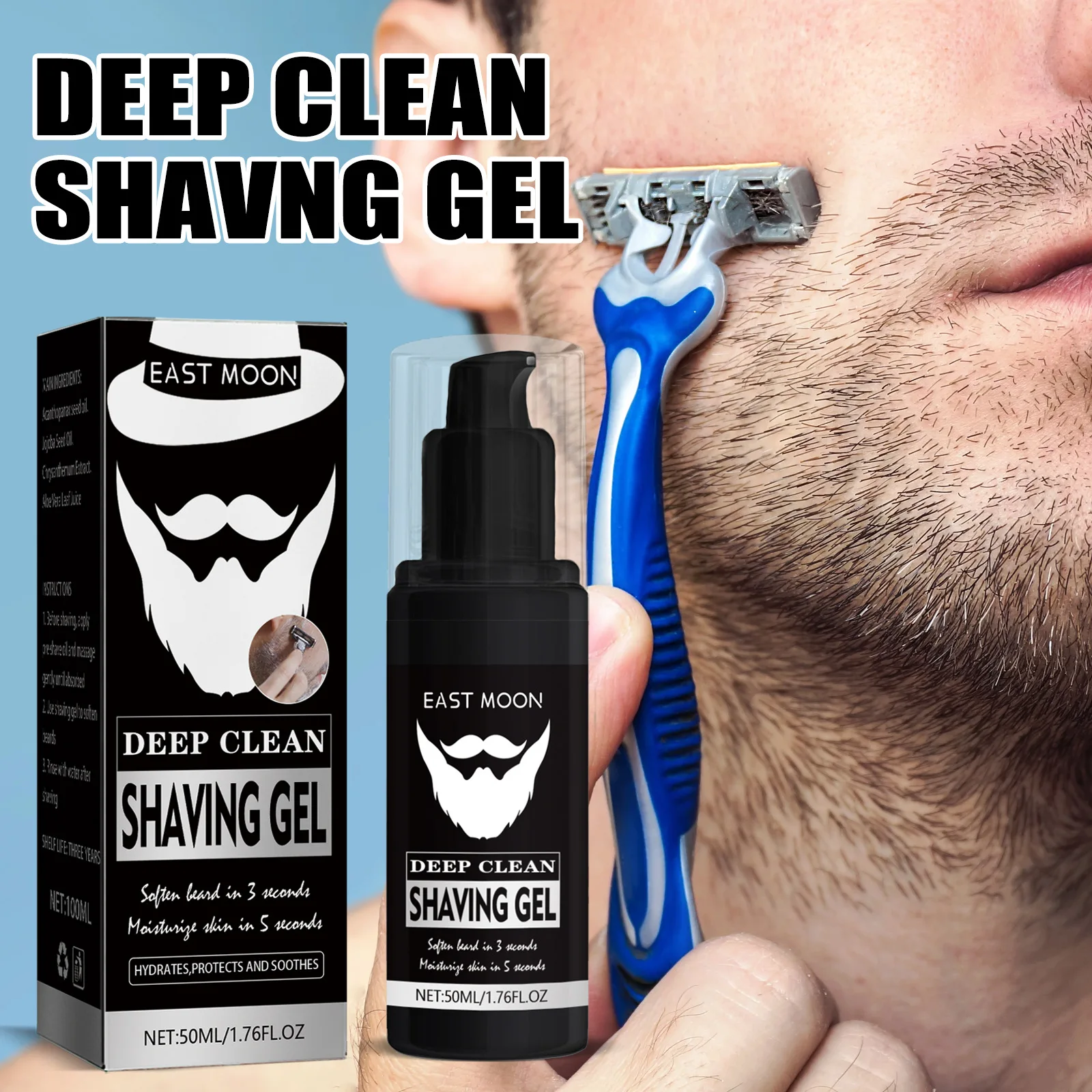 East Moon Deep Clean Shaving Gel for Men Shave Softens Beard Gentle Refreshing Facial Treatment