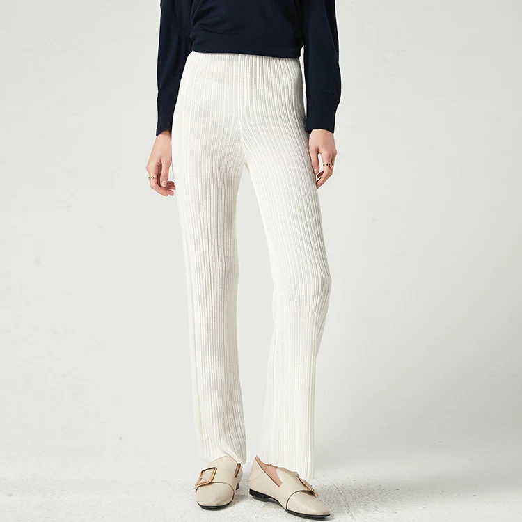 2021 Custom New Fashion Flare Wide White Ribbed Knit Pants long  100 % Pure Cashmere Warm Pants For Women