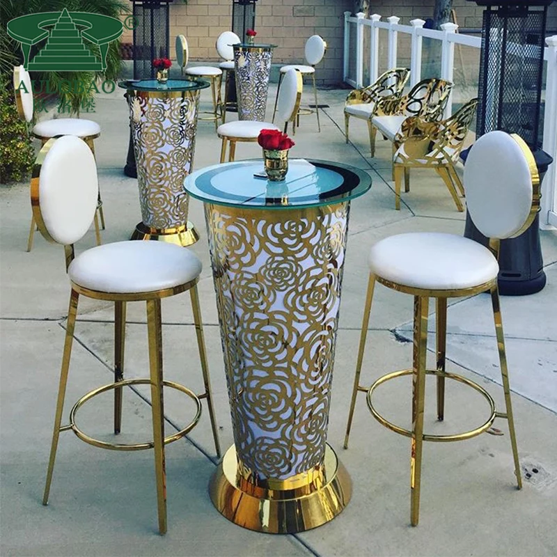 Rechargeable golden stainless steel round led light up bar table