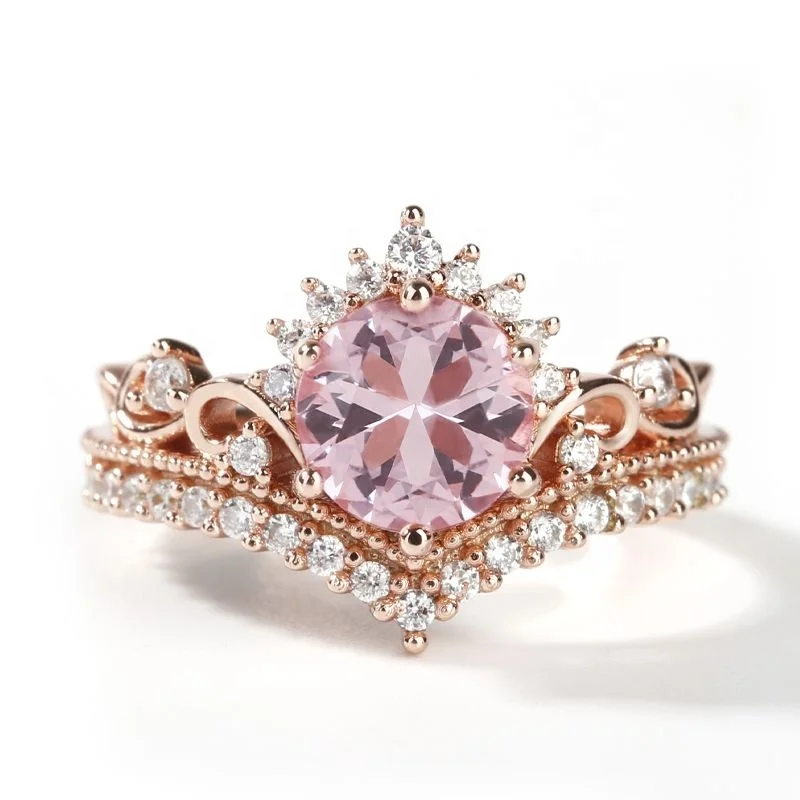 2022 New Arrival Crown Design Round Cut Synthetic Morganite 925 Sterling Silver Ring