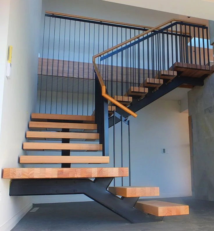 Prefab floating staircase modern carbon steel mono beam beech/oak wood tread stairs indoor/staircase design for houses