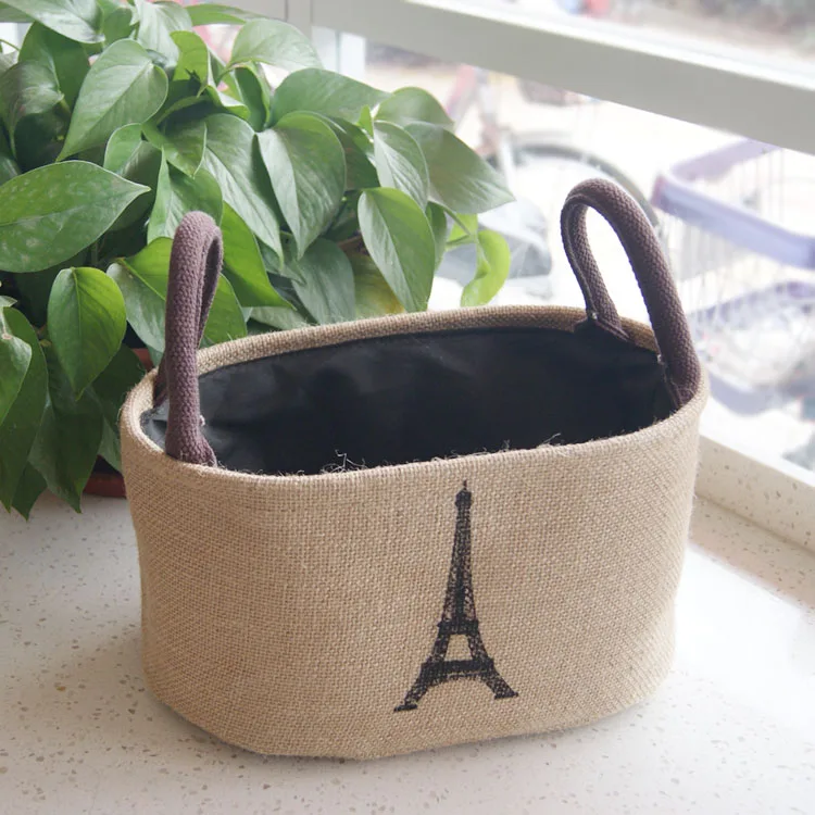 Factory direct sale rectangular and oval clothes toy storage box organizer fabric linen jute printed storage basket with carry h