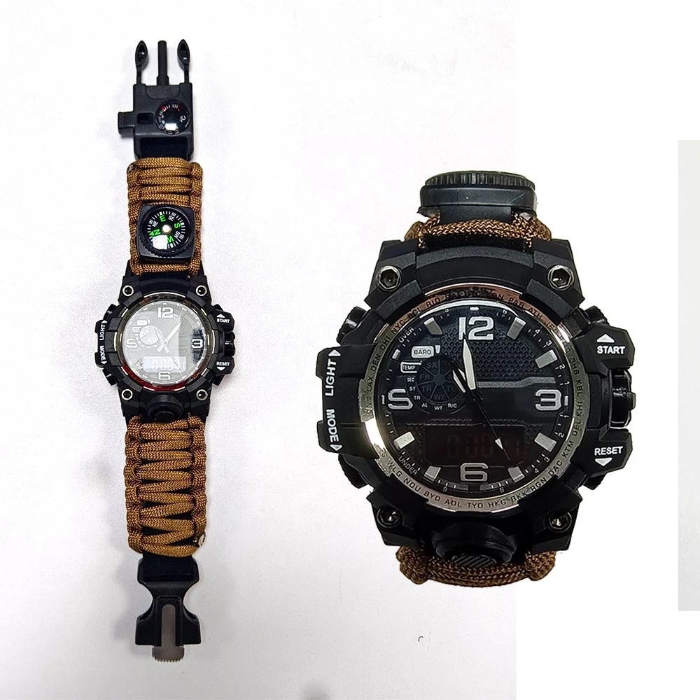 2024 Outdoor Survival Watch Emergency Timing Whistle Compass Thermometer Alarm Lighter Parachute Survival Sports Watch